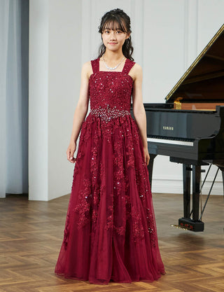 華やかな演奏会用ジュニアドレス レース ワインレッド|肩紐あり・ジュニア用ドレス 140〜160cm