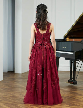 後ろ編み上げ紐仕様のジュニアドレス レース ワインレッド|ピアノ発表会向け・140〜160cm対応