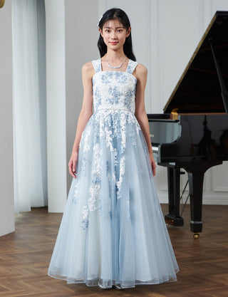 華やかな演奏会用ジュニアドレス レース ブルーグレー|肩紐あり・ジュニア用ドレス 140〜160cm