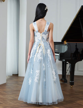 後ろ編み上げ紐仕様のジュニアドレス レース ブルーグレー|ピアノ発表会向け・140〜160cm対応