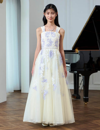 華やかな演奏会用ジュニアドレス レース アイボリー×ラベンダー|肩紐あり・ジュニア用ドレス 140〜160cm