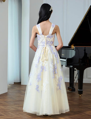 後ろ編み上げ紐仕様のジュニアドレス レース アイボリー×ラベンダー|ピアノ発表会向け・140〜160cm対応