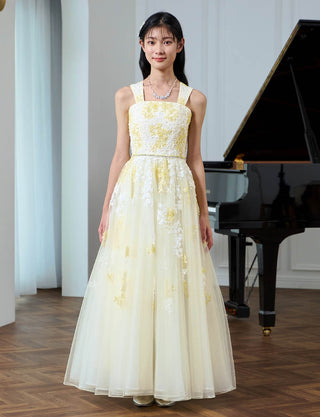 華やかな演奏会用ジュニアドレス レース アイボリー×イエロー|肩紐あり・ジュニア用ドレス 140〜160cm