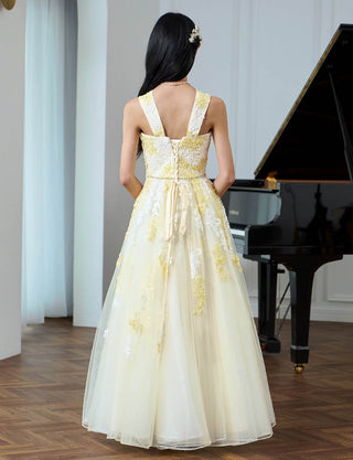 後ろ編み上げ紐仕様のジュニアドレス レース アイボリー×イエロー|ピアノ発表会向け・140〜160cm対応