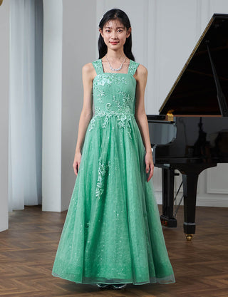 華やかな演奏会用ジュニアドレス レース ペールグリーン|肩紐あり・ジュニア用ドレス 140〜160cm