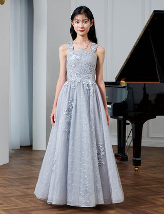華やかな演奏会用ジュニアドレス レース ペールグレー|肩紐あり・ジュニア用ドレス 140〜160cm