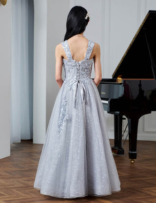 後ろ編み上げ紐仕様のジュニアドレス レース ペールグレー|ピアノ発表会向け・140〜160cm対応