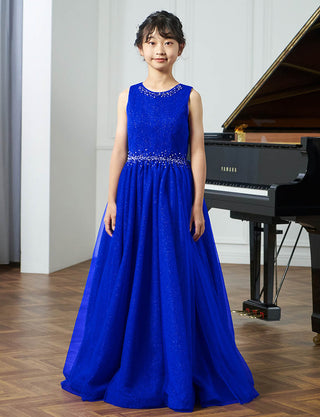 上品なコンクール用ジュニアドレス ノースリーブ|ロイヤルブルー ロング丈ドレス・140〜160cm対応