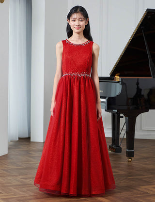 上品なコンクール用ジュニアドレス ノースリーブ|レッド ロング丈ドレス・140〜160cm対応