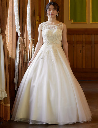 TWEED DRESS(ツイードドレス)のアイボリーロングドレス・チュール|TN2007-IVYの全身正面パニエ着用画像です。