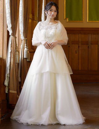 TWEED DRESS(ツイードドレス)のアイボリーロングドレス・チュール|TN2007-IVYの全身正面ストール着用画像です。