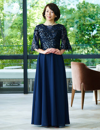 結婚式母親ドレス 紺|ロング丈・七分袖・スパンコールレース・50代〜60代向けマザードレス