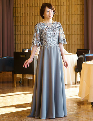 結婚式母親ドレス グレー|ロング丈・七分袖・スパンコールレース・50代〜60代向けマザードレス