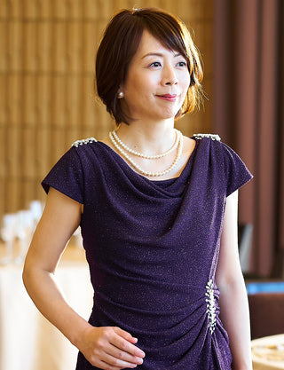 TWEED DRESS(ツイードドレス)のプラムロングドレス・ラメ/ポリウレタン|T-1284-PMの上半身正面画像です。