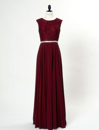 TWEED DRESS(ツイードドレス)のワインレッドロングドレス・シフォン|T-1511-WRDのトルソー全身正面画像です。