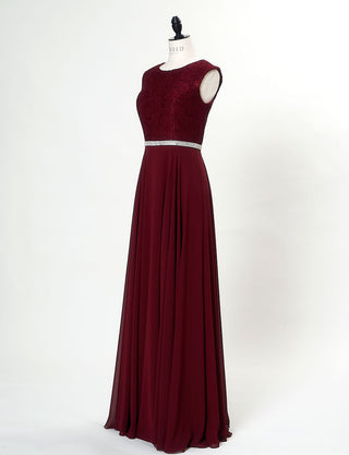 TWEED DRESS(ツイードドレス)のワインレッドロングドレス・シフォン|T-1511-WRDのトルソー全身斜め画像です。