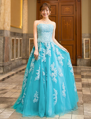TWEED DRESS(ツイードドレス)のアクアブルーロングドレス・チュール|TB1714-ABLの全身正面画像です。