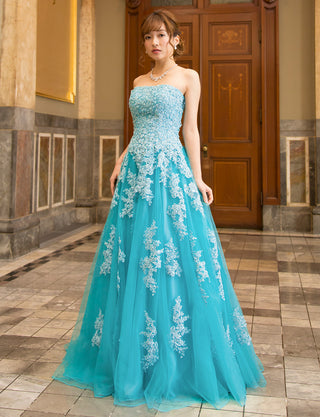 TWEED DRESS(ツイードドレス)のアクアブルーロングドレス・チュール|TB1714-ABLの全身斜め画像です。