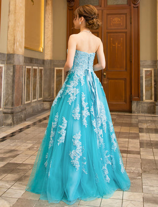 TWEED DRESS(ツイードドレス)のアクアブルーロングドレス・チュール|TB1714-ABLの全身背面画像です。