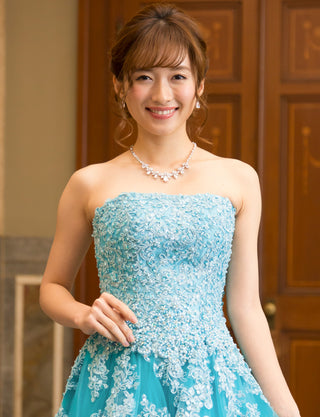 TWEED DRESS(ツイードドレス)のアクアブルーロングドレス・チュール|TB1714-ABLの上半身正面画像です。