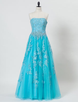 TWEED DRESS(ツイードドレス)のアクアブルーロングドレス・チュール|TB1714-ABLのトルソー全身正面画像です。