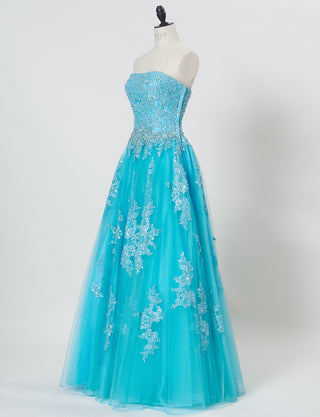 TWEED DRESS(ツイードドレス)のアクアブルーロングドレス・チュール|TB1714-ABLのトルソー全身斜め画像です。
