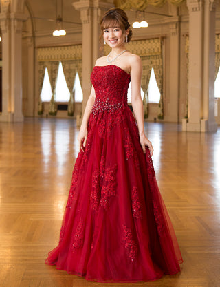 TWEED DRESS(ツイードドレス)のアッシュレッドロングドレス・チュール|TB1714-ARDの全身斜め画像です。