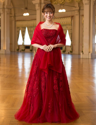 TWEED DRESS(ツイードドレス)のアッシュレッドロングドレス・チュール|TB1714-ARDの全身正面ストール着用画像です。