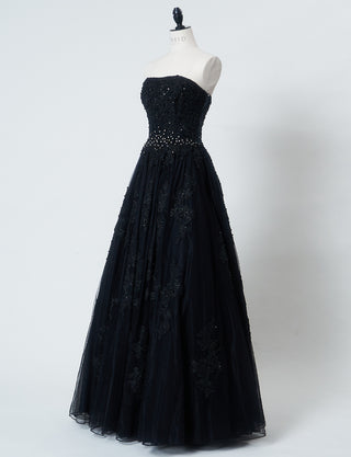 TWEED DRESS(ツイードドレス)のブラックロングドレス・チュール|TB1714-BKのトルソー全身斜め画像です。