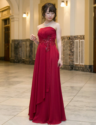 TWEED DRESS(ツイードドレス)のダークレッドロングドレス・シフォン|TB1721-DRDの全身斜め画像です。