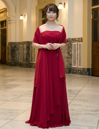 TWEED DRESS(ツイードドレス)のダークレッドロングドレス・シフォン|TB1721-DRDの全身正面ストール着用画像です。