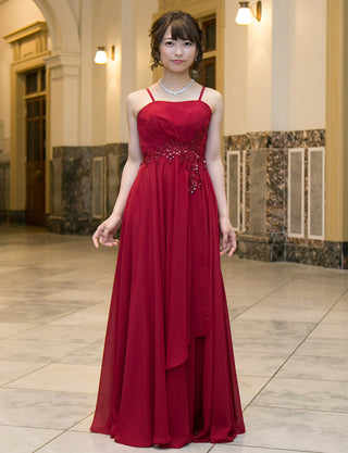 TWEED DRESS(ツイードドレス)のダークレッドロングドレス・シフォン|TB1721-DRDの全身正面ストラップ着用画像です。