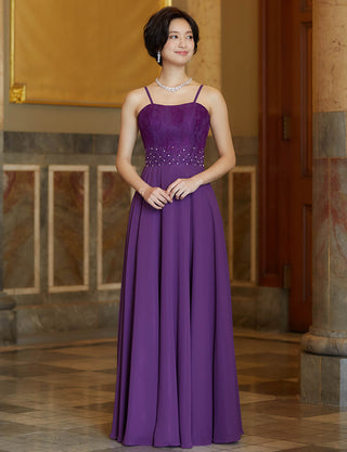 TWEED DRESS(ツイードドレス)のダークパープルロングドレス・シフォン|TB1722-DPEの全身正面ストラップ着用画像です。