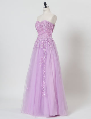 TWEED DRESS(ツイードドレス)のラベンダーロングドレス・チュール|TB1723-LVのトルソー全身斜め画像です。