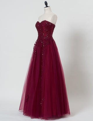 TWEED DRESS(ツイードドレス)のレッドブラックロングドレス・チュール|TB1723-RBKのトルソー全身斜め画像です。