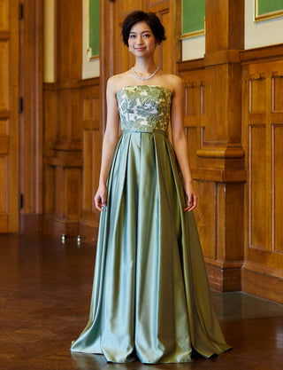 TWEED DRESS(ツイードドレス)のオリーブグリーンロングドレス・サテン|TB1786-1-OVGNの全身正面画像です。