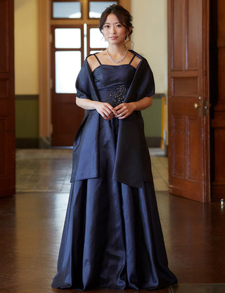 TWEED DRESS(ツイードドレス)のダークネイビーロングドレス・タフタ|TH1432-1-DNYの全身正面ストール着用画像です。