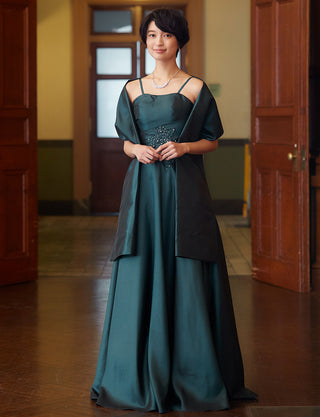 TWEED DRESS(ツイードドレス)のグリーンブラックロングドレス・タフタ|TH1432-1-GNBKの全身正面ストール着用画像です。