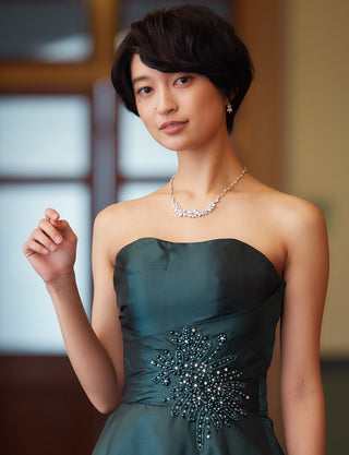 TWEED DRESS(ツイードドレス)のグリーンブラックロングドレス・タフタ|TH1432-1-GNBKの上半身正面画像です。