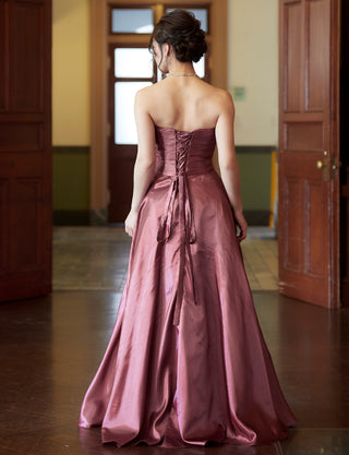 TWEED DRESS(ツイードドレス)のピンクローズロングドレス・タフタ|TH1432-1-PKRの全身背面画像です。