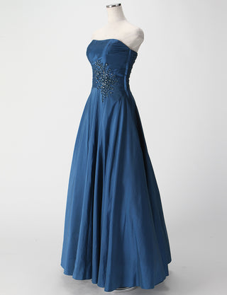 TWEED DRESS(ツイードドレス)のディープブルーロングドレス・タフタ|TH1432-DBLのトルソー全身斜め画像です。