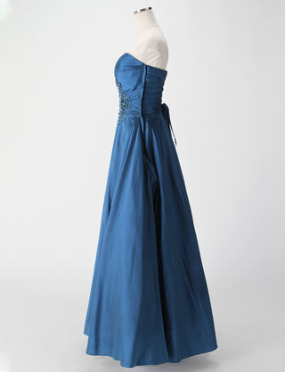 TWEED DRESS(ツイードドレス)のディープブルーロングドレス・タフタ|TH1432-DBLのトルソー全身側面画像です。