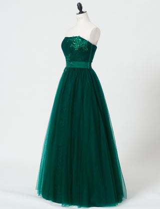 TWEED DRESS(ツイードドレス)のボトルグリーンロングドレス・チュール|TH1454-BGNのトルソー全身斜め画像です。