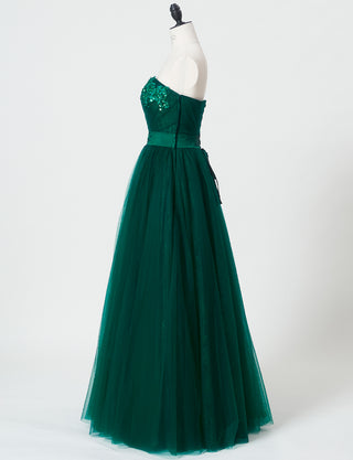 TWEED DRESS(ツイードドレス)のボトルグリーンロングドレス・チュール|TH1454-BGNのトルソー全身側面画像です。