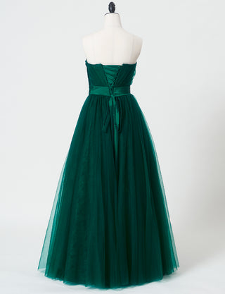 TWEED DRESS(ツイードドレス)のボトルグリーンロングドレス・チュール|TH1454-BGNのトルソー全身背面画像です。