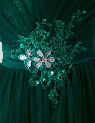 TWEED DRESS(ツイードドレス)のボトルグリーンロングドレス・チュール|TH1454-BGNの上半身ウエスト装飾拡大画像です。