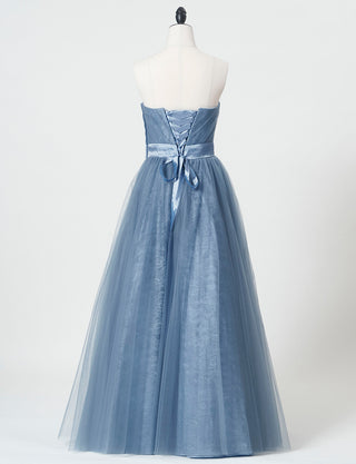 TWEED DRESS(ツイードドレス)のブルーグレーロングドレス・チュール｜TH1454-BLGYのトルソー全身背面画像です。