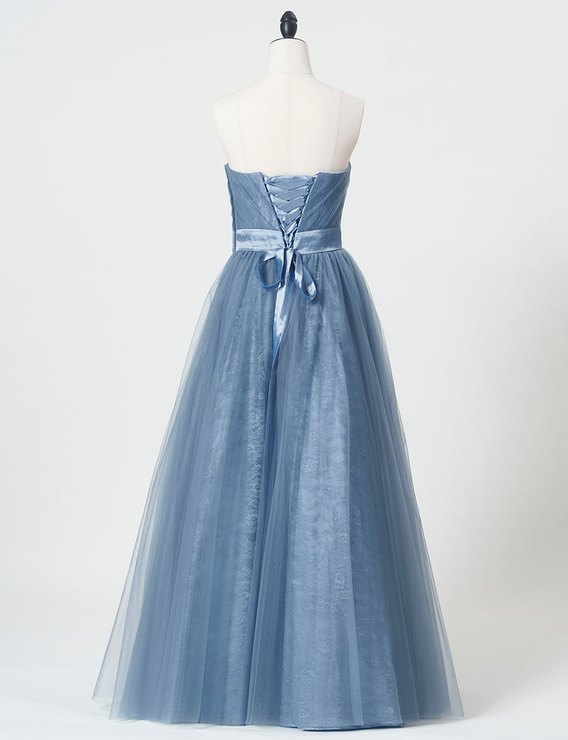 TWEED DRESS(ツイードドレス)のブルーグレーロングドレス・チュール｜TH1454-BLGYのトルソー全身背面画像です。