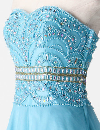 TWEED DRESS(ツイードドレス)のアイスブルーロングドレス・チュール|TM1602-IBLのトルソー上半身斜め画像です。