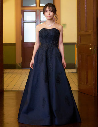 TWEED DRESS(ツイードドレス)のダークネイビーロングドレス・ジャガード|TN2011-DNYの全身正面画像です。